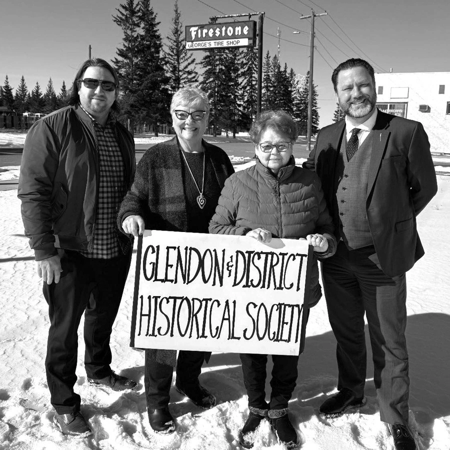 Left to right: Nicholas Werstiuk - Mayor of Glendon, Belvia Wrobel - Glendon and District Historical Society President, Louise Onciul - Glendon and District Historical Society Member, Scott Cyr - Cold Lake/Bonnyville/St. Paul MLA